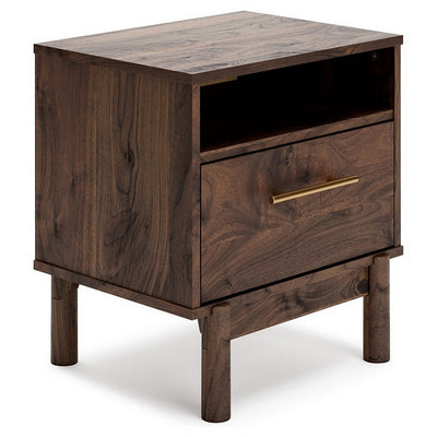 BENZARA Cora 21 Inch Modern Wood Nightstand, 1 Drawer, Metal Bar, Brown and Gold - BM283326
