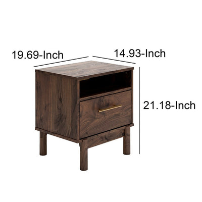 BENZARA Cora 21 Inch Modern Wood Nightstand, 1 Drawer, Metal Bar, Brown and Gold - BM283326