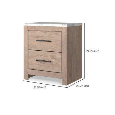 BENZARA Ariel 25 Inch Rustic Wood Nightstand, 2 Drawers, White Marble Top, Brown - BM283333