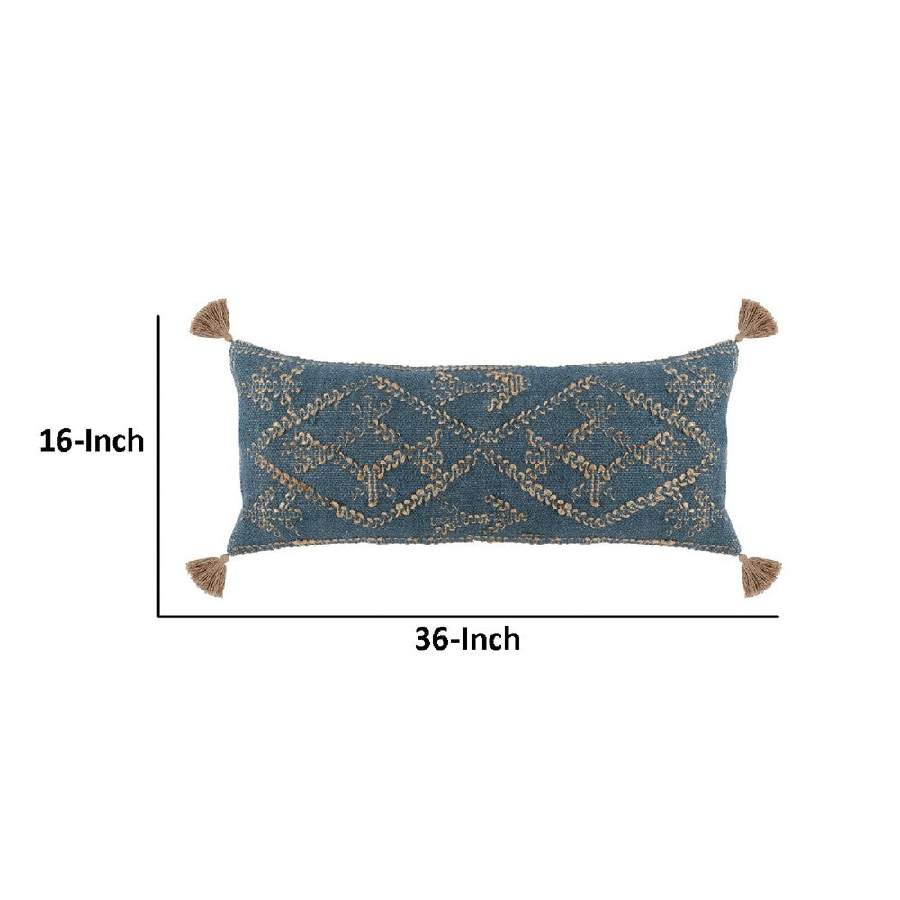 BENZARA 16 x 36 Accent Lumbar Pillow, Down, Blue Wool, Jute Woven Details, Tassels - BM283440