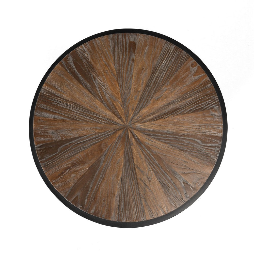 BENZARA Jenny 24 Inch Round Drum Wood End Table, Metal Panels, Black, Brown - BM283458