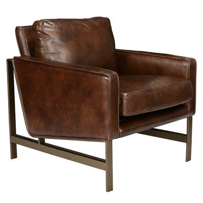 BENZARA 34 Inch Classic Accent Club Chair, Top Grain Leather, Brass Frame, Brown - BM283459
