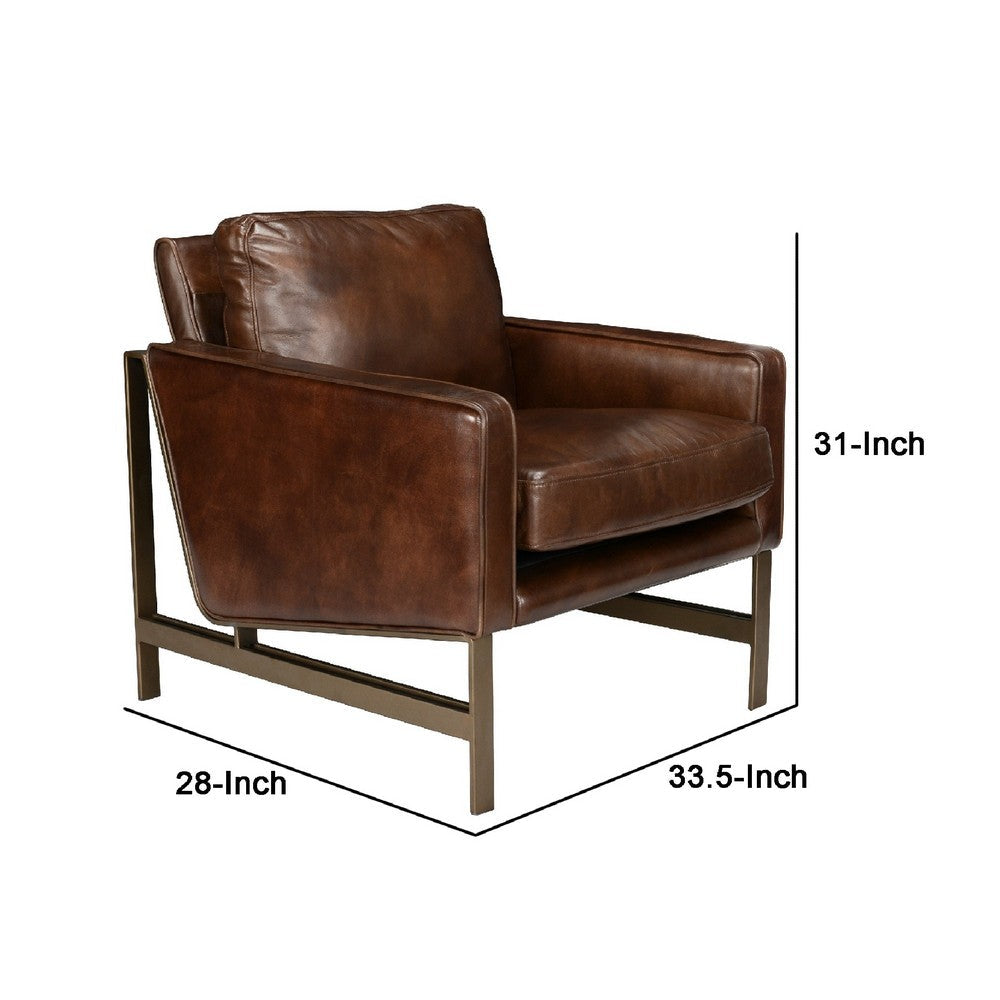 BENZARA 34 Inch Classic Accent Club Chair, Top Grain Leather, Brass Frame, Brown - BM283459