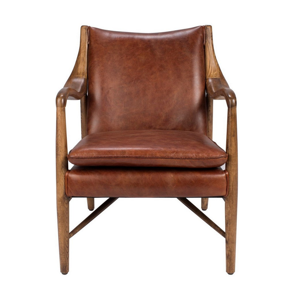 BENZARA 29 Inch Classic Wood Club Chair, Top Grain Leather Seat, Curved Arms, Brown - BM283460