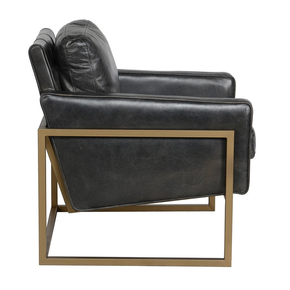 BENZARA 30 Inch Classic Club Chair, Top Grain Black Leather Upholstery, Brass Frame - BM283461