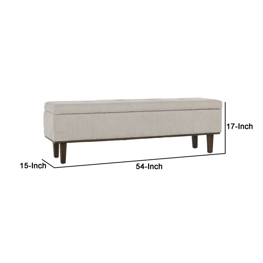 BENZARA Lou 54 Inch Wood Bench with Storage, Handcrafted, Polyester, Beige - BM283467