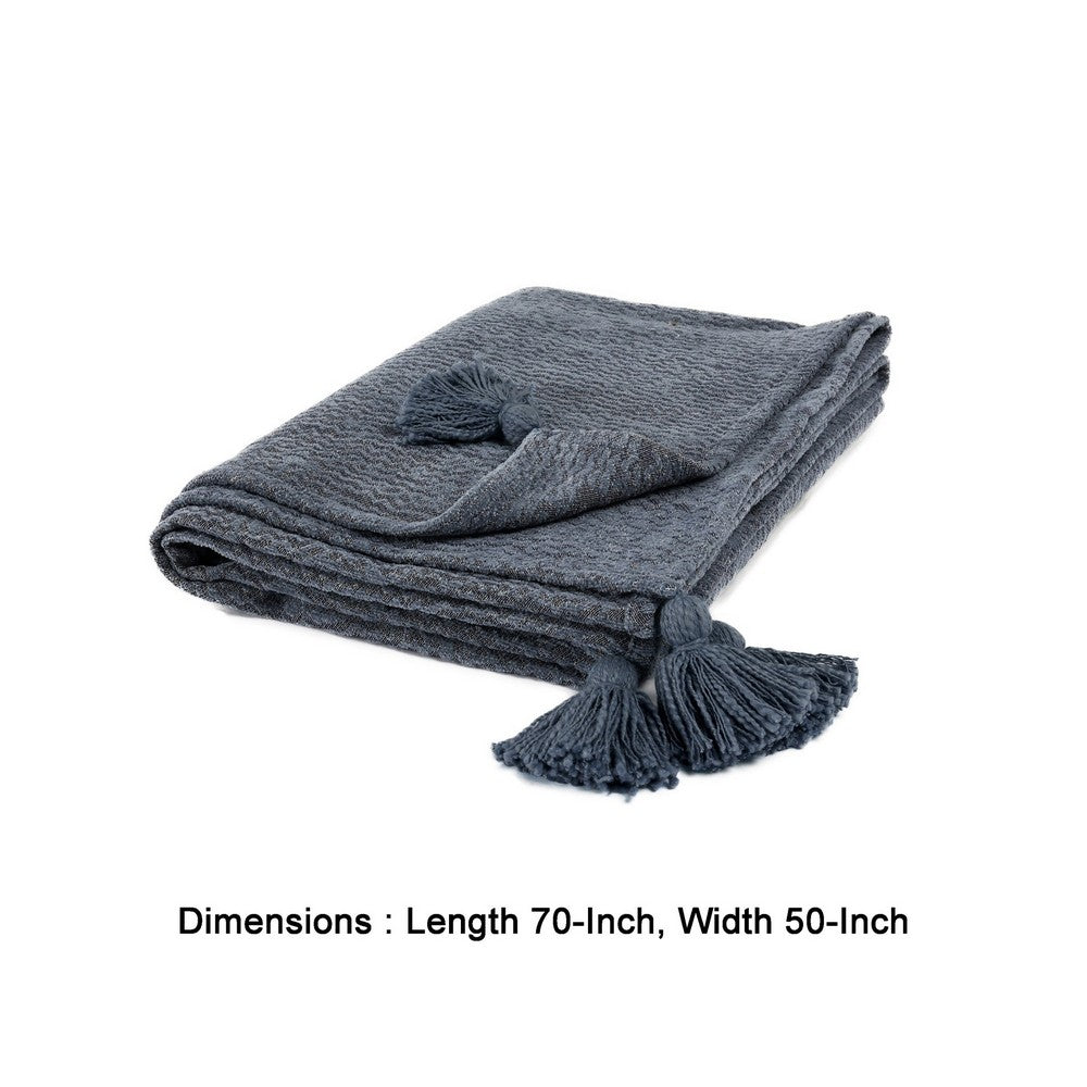 BENZARA 70 Inch Cotton Throw Blanket, Woven Textured Pattern, Tassels, Heather Gray - BM283640
