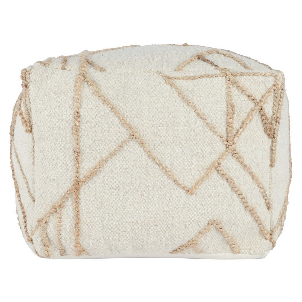 BENZARA 18 Inch Square Cube Accent Pouf, Woven Abstract Jute Embroidery, Off White - BM283641