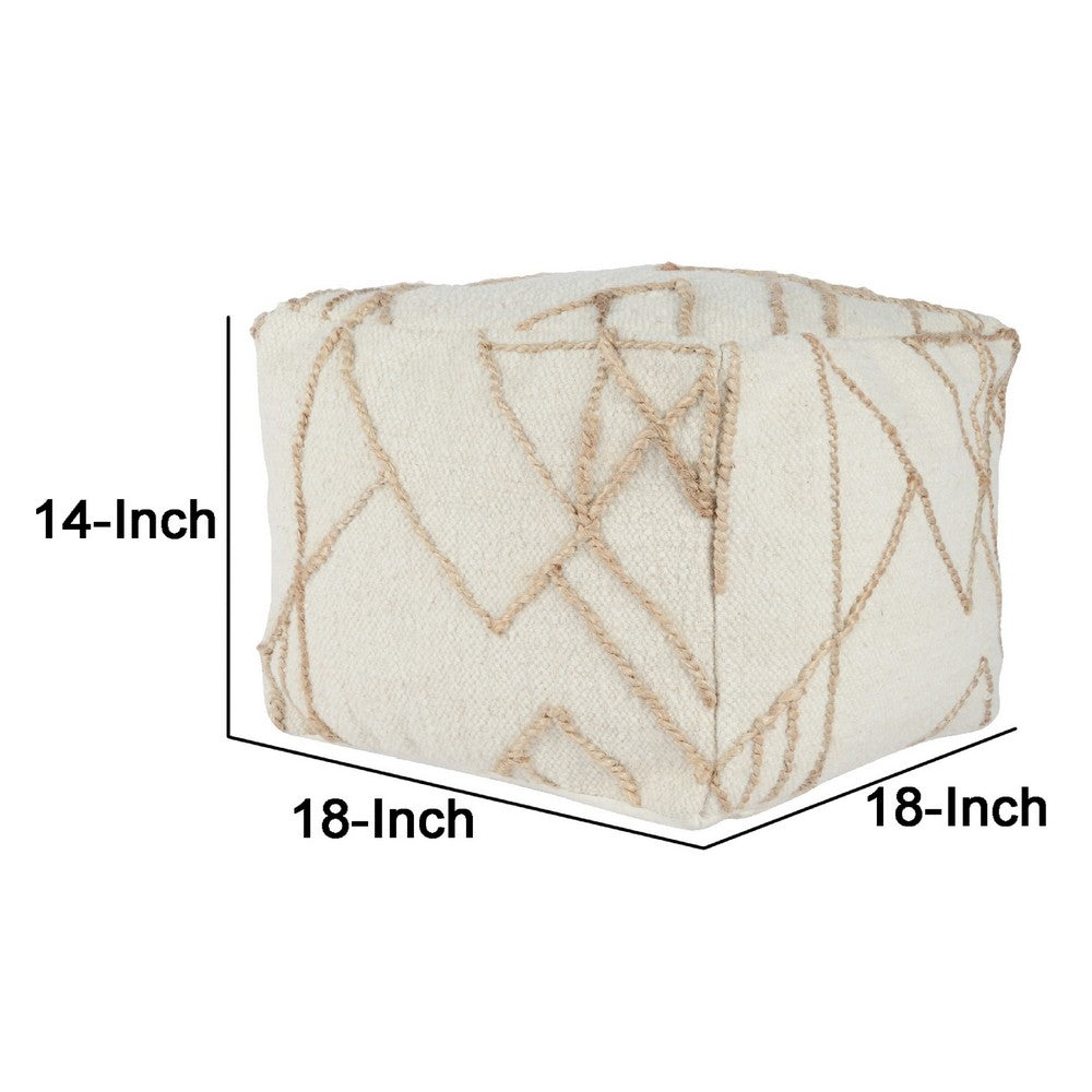 BENZARA 18 Inch Square Cube Accent Pouf, Woven Abstract Jute Embroidery, Off White - BM283641