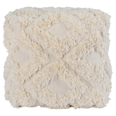 BENZARA 24 Inch Cotton Accent Pouf, Handwoven Textured Geometric Shag, Off White - BM283648