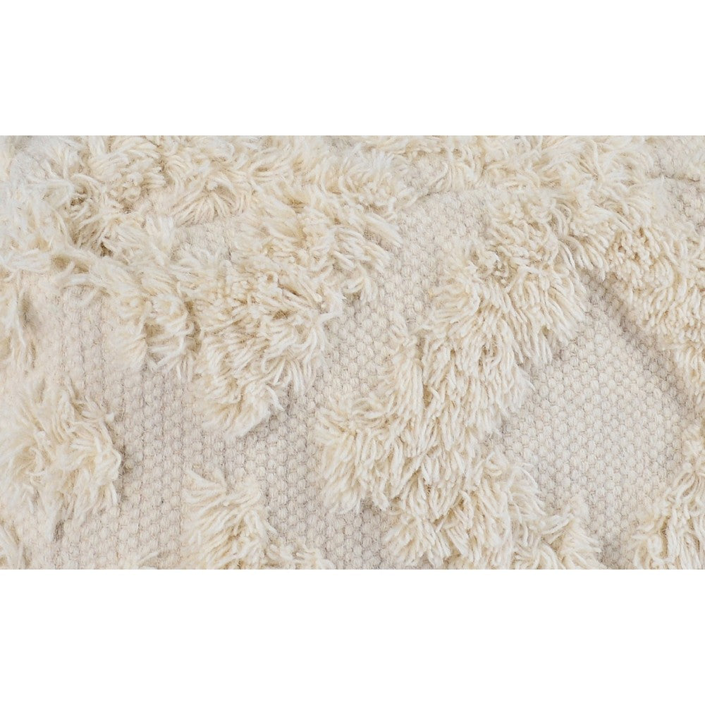 BENZARA 24 Inch Cotton Accent Pouf, Handwoven Textured Geometric Shag, Off White - BM283648