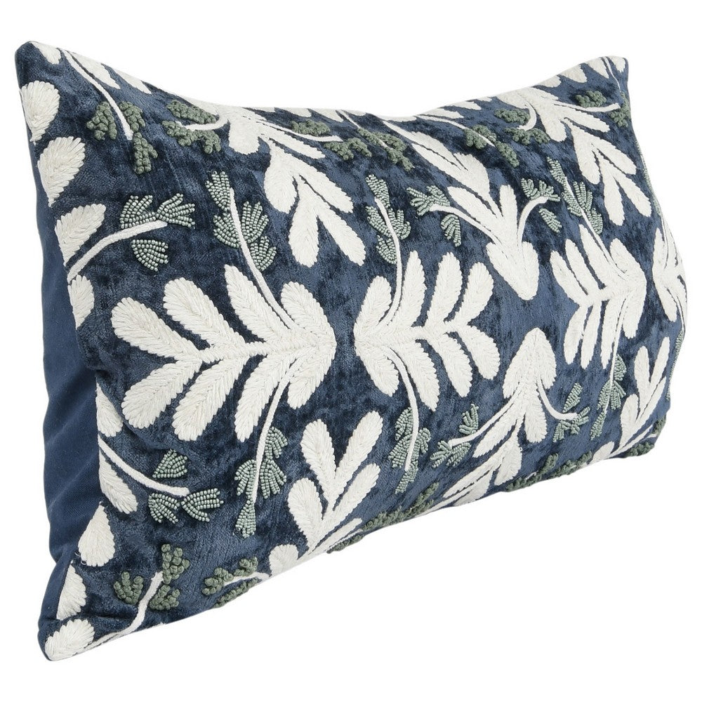 BENZARA 14 x 26 Luxury Accent Throw Pillow, Floral, Rayon Velvet in Blue, White - BM283663