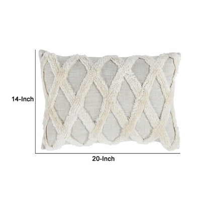BENZARA 14 x 20 Lumbar Linen Accent Throw Pillow, Tufted Diamond Pattern, Ivory - BM283678