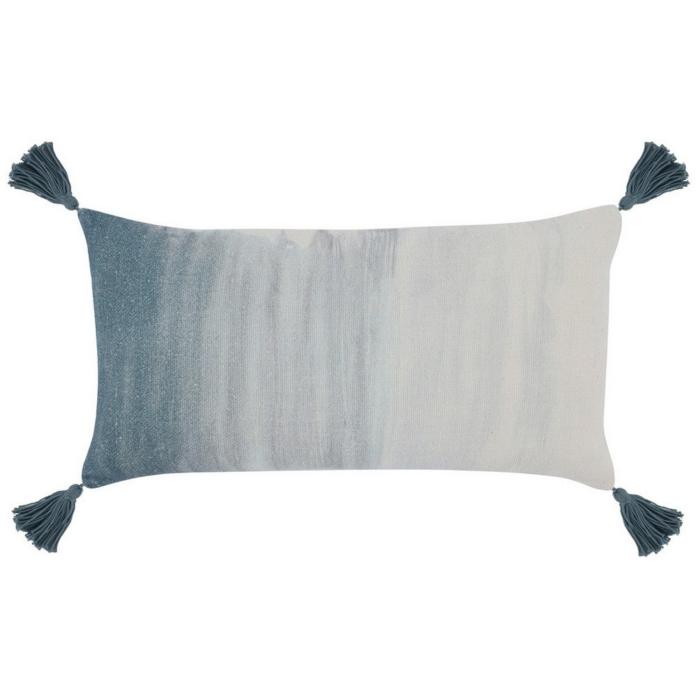 BENZARA 14 x 26 Lumbar Accent Throw Pillow, Fringe Tassels, Watercolor Blue, Ivory - BM283680