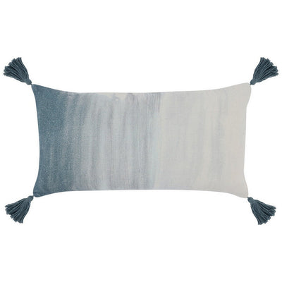 BENZARA 14 x 26 Lumbar Accent Throw Pillow, Fringe Tassels, Watercolor Blue, Ivory - BM283680
