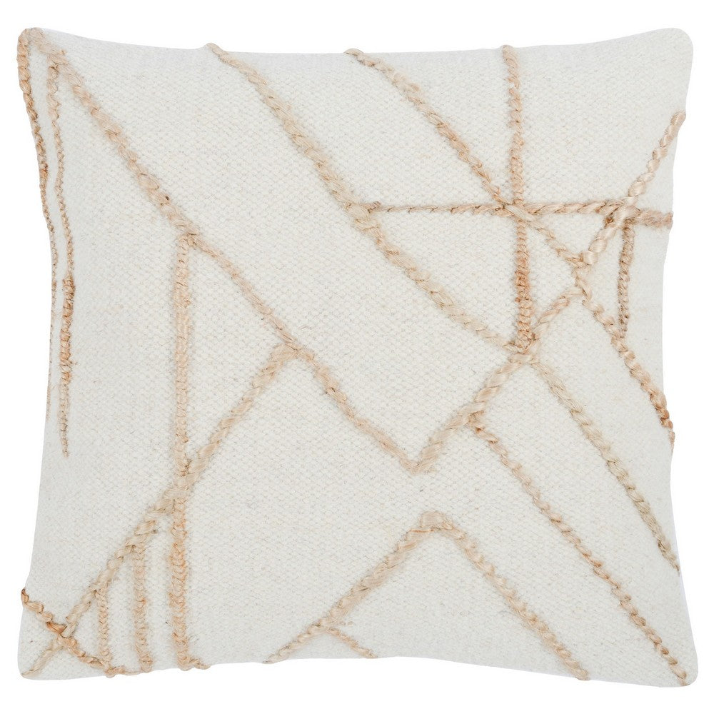 BENZARA 22 Inch Square Accent Throw Pillow, Jute Geometric Patterns, Wool, Ivory - BM283683