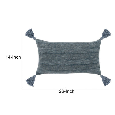 BENZARA 14 x 26 Lumbar Throw Pillow, Handwoven Stripes, Cotton Linen, Tassels, Blue - BM283691