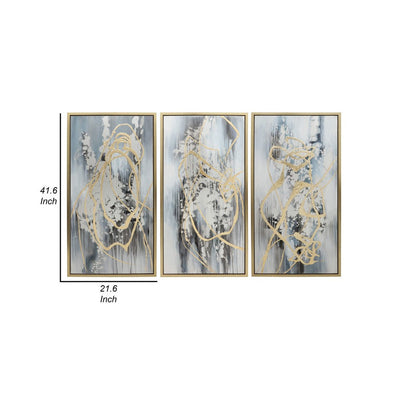 BENZARA 22 x 42 Canvas Wall Art, Abstract Luxury Paint Design, Set of 3, Gold, Gray - BM283743