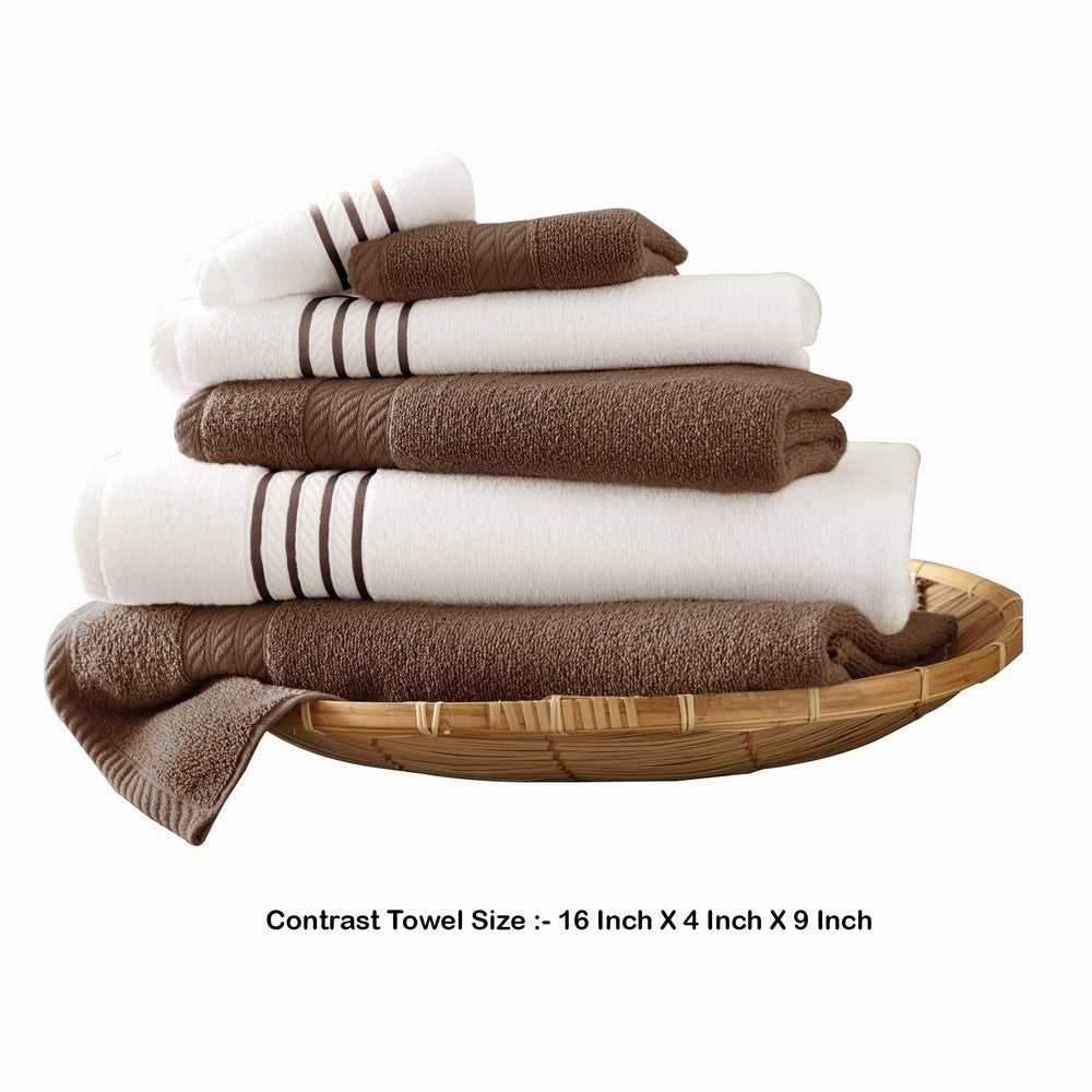 BENZARA Dana 6 Piece Soft Egyptian Cotton Towel Set, Striped Pattern, Brown White - BM284583