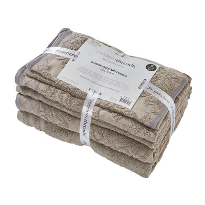 BENZARA Noa 6 Piece Soft Egyptian Cotton Towel Set, Solid Damask Pattern, Dark Gray - BM284595