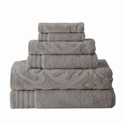 BENZARA Oya 6 Piece Soft Egyptian Cotton Towel Set, Solid Medallion Pattern, Gray - BM284604