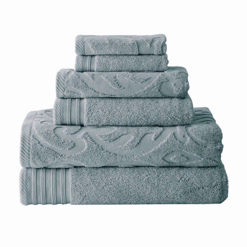 BENZARA Oya 6 Piece Soft Egyptian Cotton Towel Set, Medallion Pattern, Blue Gray - BM284605