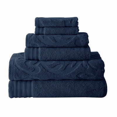 BENZARA Oya 6 Piece Soft Egyptian Cotton Towel Set, Medallion Pattern, Navy Blue - BM284607