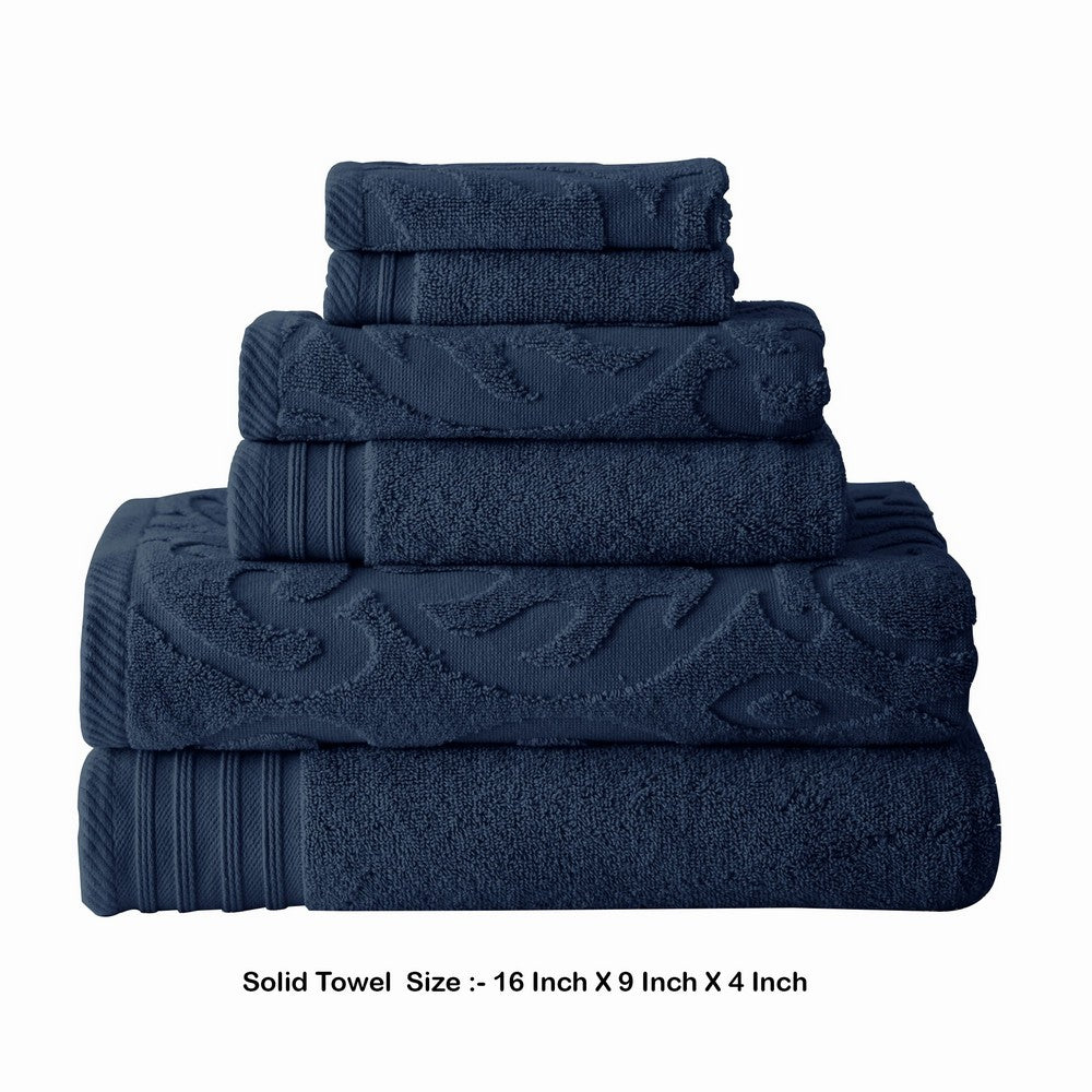 BENZARA Oya 6 Piece Soft Egyptian Cotton Towel Set, Medallion Pattern, Navy Blue - BM284607