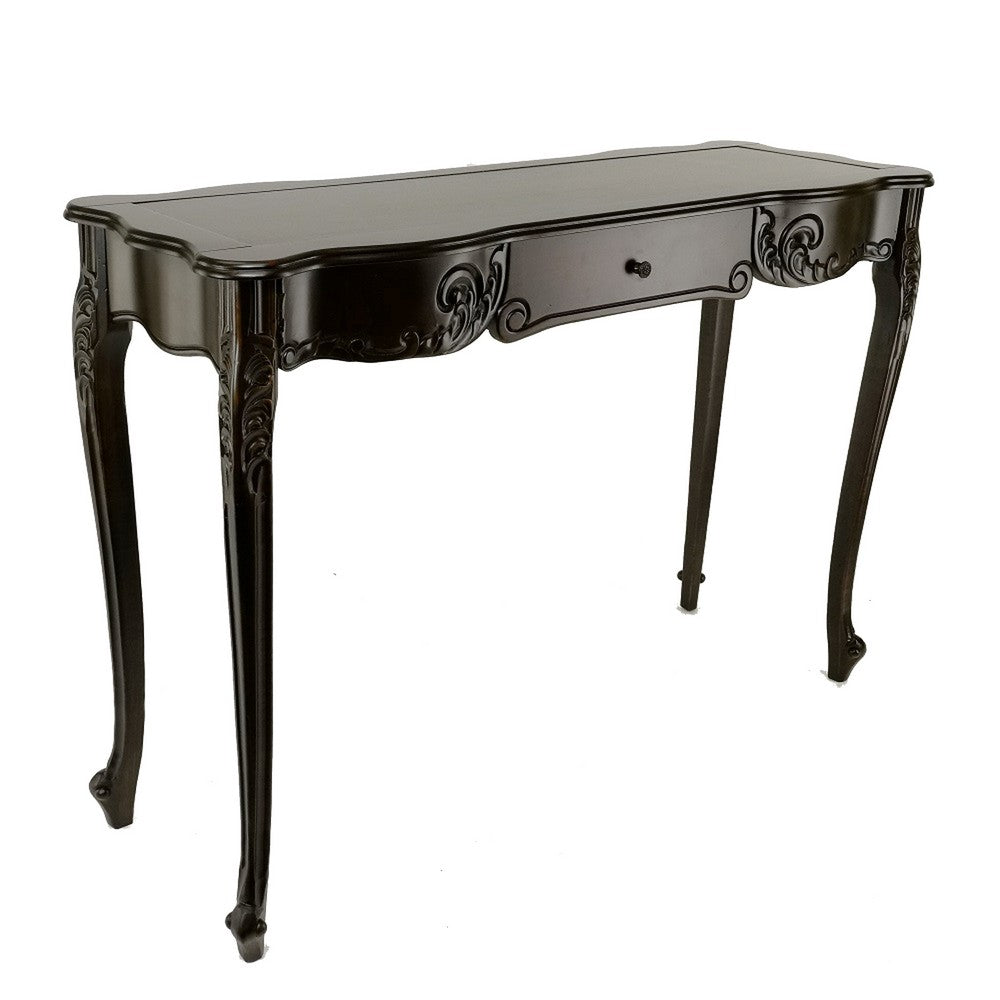 BENZARA Troy 32 Inch Classic Wood Console Table, 1 Drawer, Floral Cared, Brown - BM284648