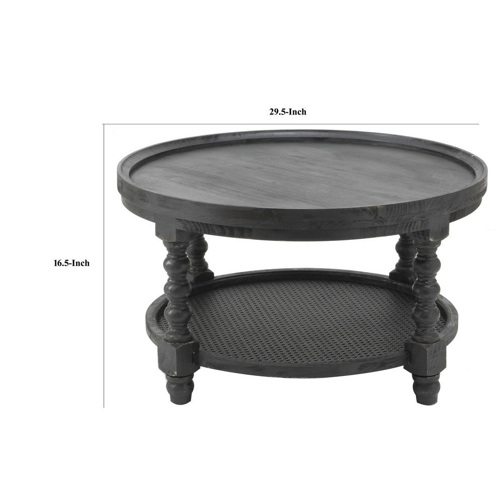 BENZARA Jake 30 Inch Coffee Table, Fir Wood, Lower Tier Woven Wicker Shelf, Black - BM284922
