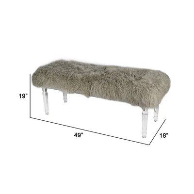 BENZARA 49 Inch Accent Bench, Faux Fur Seat, Clear Acrylic Legs, Smooth Rich Brown - BM284929