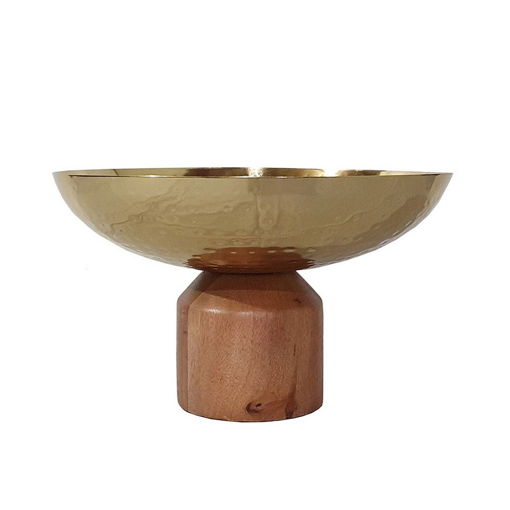 BENZARA Roe 12 Inch Large Acacia Wood Table Bowl, Steel, Decorative, Gold and Brown - BM284950