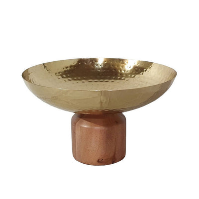 BENZARA Roe 12 Inch Large Acacia Wood Table Bowl, Steel, Decorative, Gold and Brown - BM284950