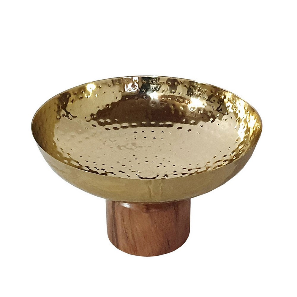 BENZARA Roe 10 Inch Medium Acacia Wood Table Bowl, Steel, Decorative, Gold, Brown - BM284951