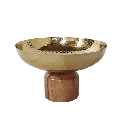 BENZARA Roe 10 Inch Medium Acacia Wood Table Bowl, Steel, Decorative, Gold, Brown - BM284951