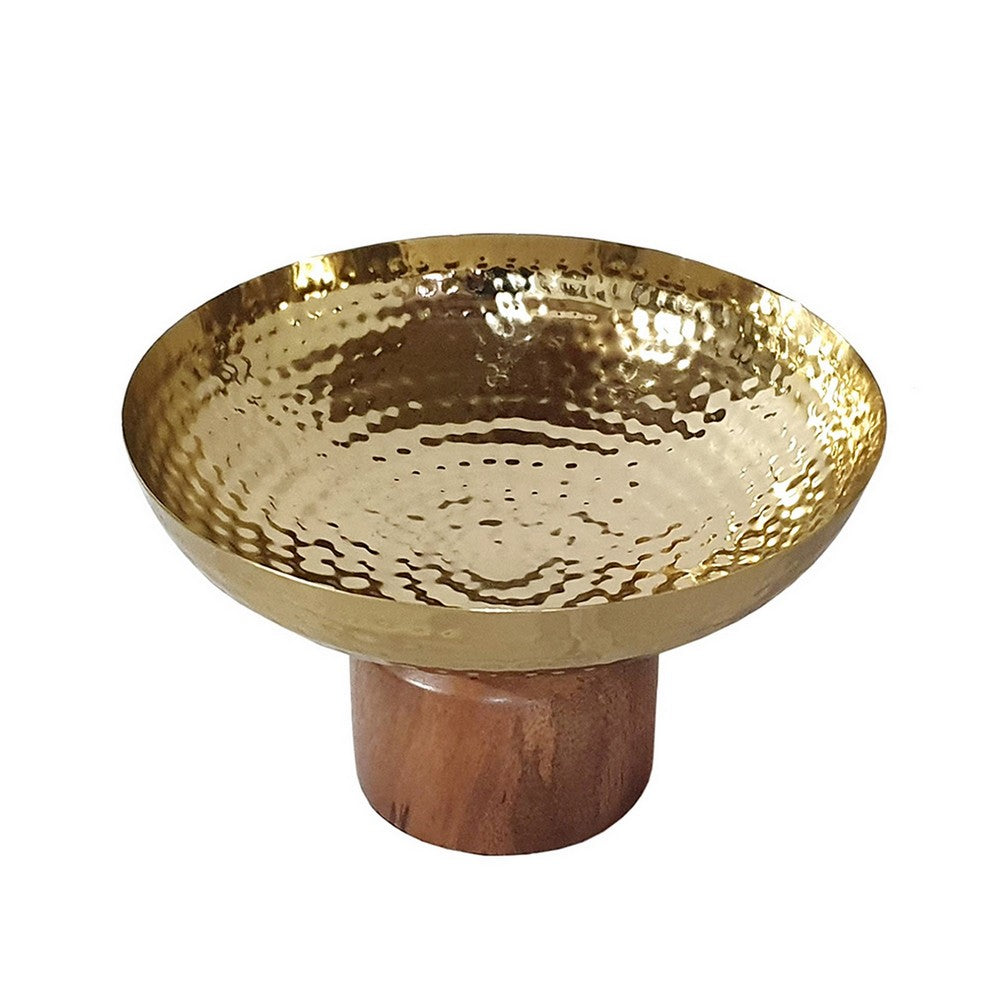 BENZARA Roe 8 Inch Small Acacia Wood Table Bowl, Steel, Decorative, Gold and Brown - BM284952