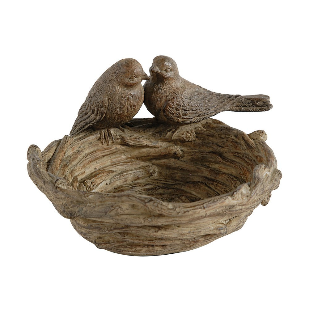 BENZARA 9 Inch Handcrafted Accent Table Bowl, Resin, Lovebirds Nest, Natural Brown - BM284955