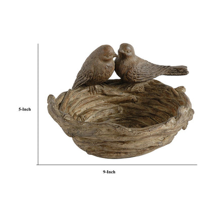 BENZARA 9 Inch Handcrafted Accent Table Bowl, Resin, Lovebirds Nest, Natural Brown - BM284955