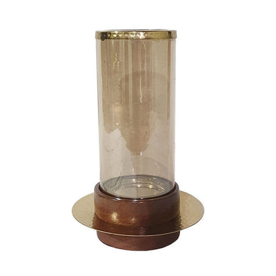 BENZARA 11 Inch Glass Hurricane Candle Holder, Acacia Wood, Small, Gold FInish - BM284962