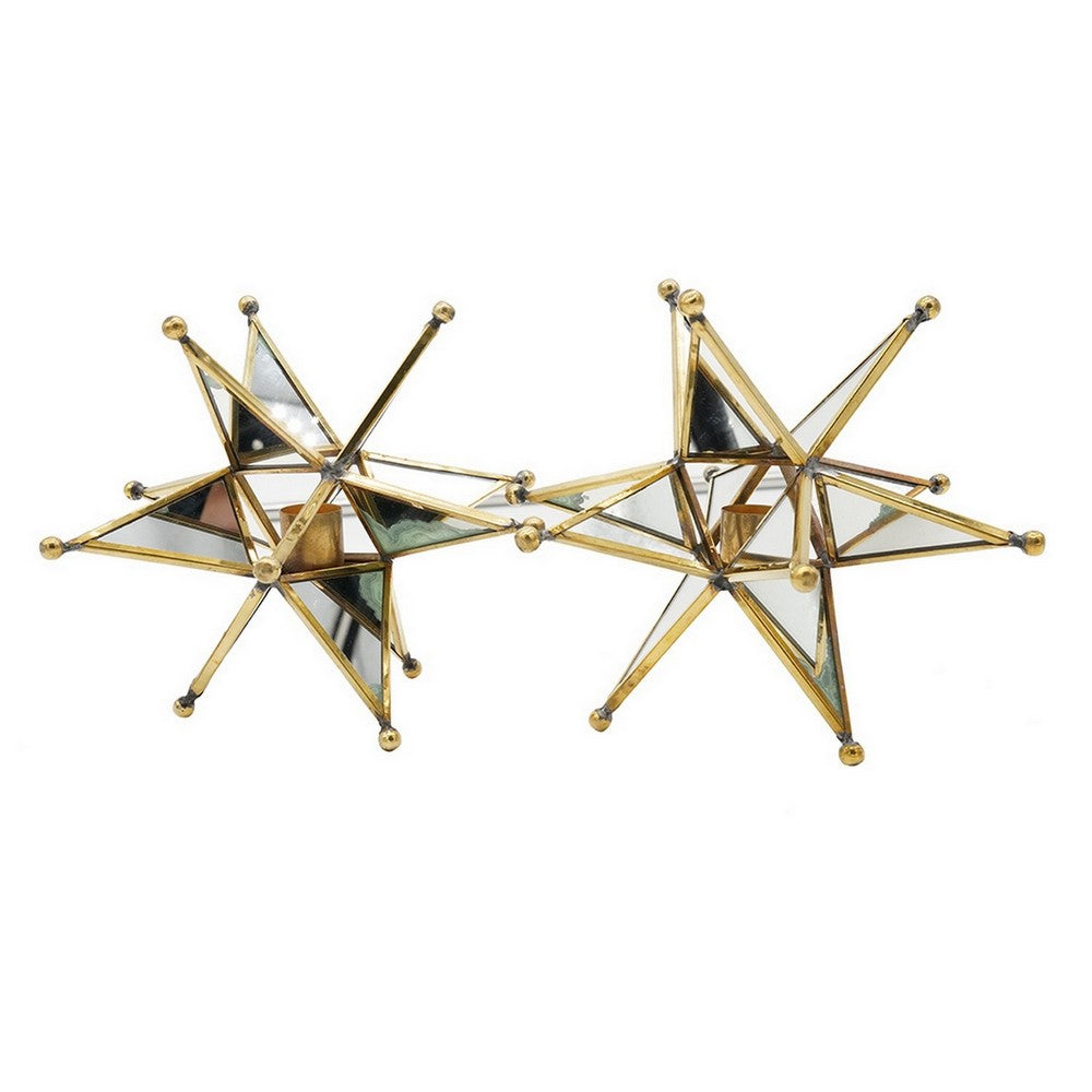 BENZARA Set of 2 Candle Holders, Golden Star Style Accent Table Decorations, Glass - BM284963