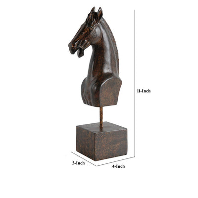 BENZARA Don 11 Inch Horse Bust Statuette, Tabletop Accent Decor, Brown Resin, Metal - BM284973
