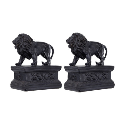 BENZARA Ari Set of 2 Classic Bookends, Lion Statuette Figurines, Glossy Black Resin - BM284983