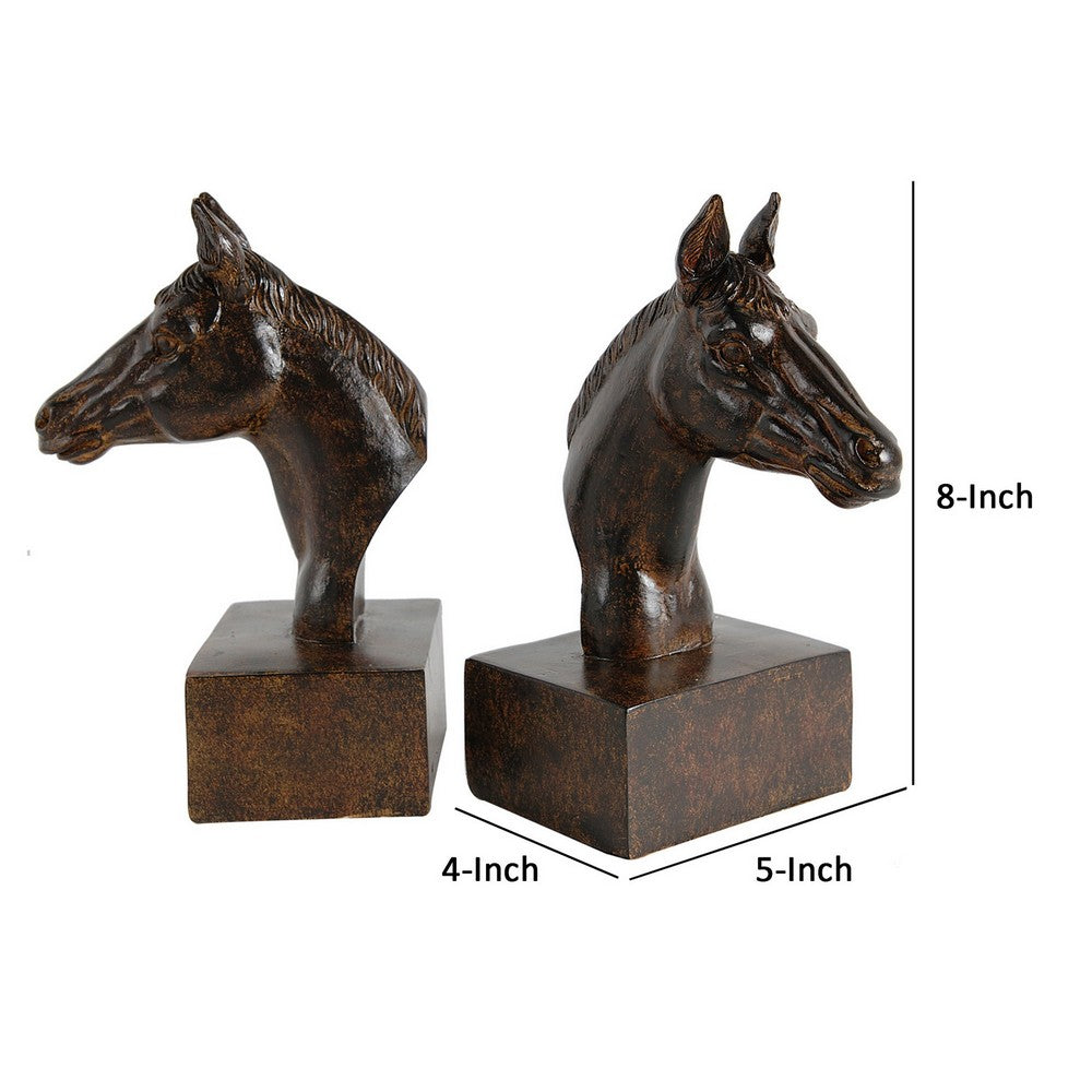 BENZARA Ari Set of 2 Bookends, Elegant Realistic Horse Bust FIgurines, Dark Brown - BM284985