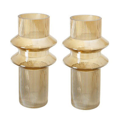 BENZARA Rae Set of 2 Glass Vases, Tall Round Cylinders, Amber Yellow, Clear Finish - BM284993