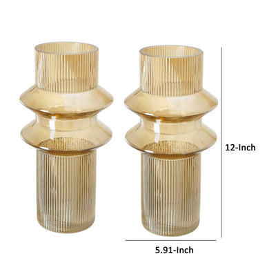 BENZARA Rae Set of 2 Glass Vases, Tall Round Cylinders, Amber Yellow, Clear Finish - BM284993