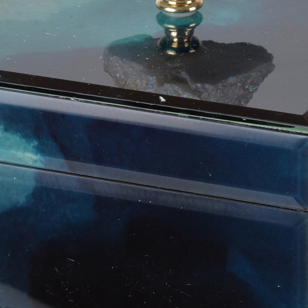 BENZARA Eve 6 Inch Decorative Accessory Box, Elegant Stone with Finial Accent, Blue - BM285002
