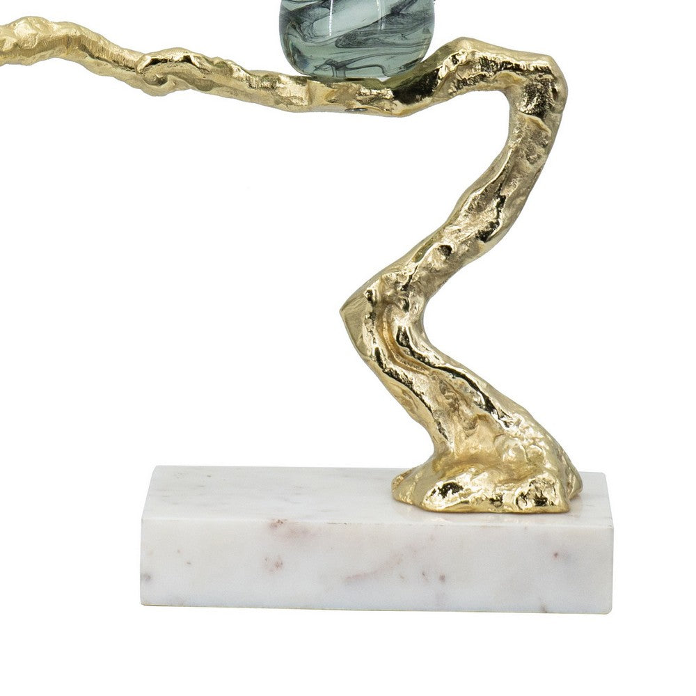 BENZARA Sue 25 Inch Accent Decor Sculpture, 2 Birds Sitting on Branch, Gold, White - BM285004