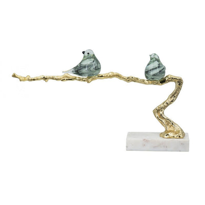BENZARA Sue 25 Inch Accent Decor Sculpture, 2 Birds Sitting on Branch, Gold, White - BM285004