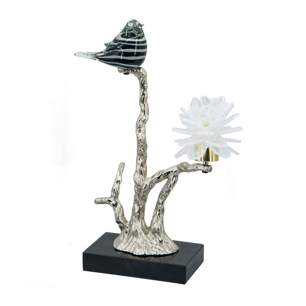 BENZARA Sue 15 Inch Accent Decor Figurine, Bird on a Branch, Flower, Black, Silver - BM285005