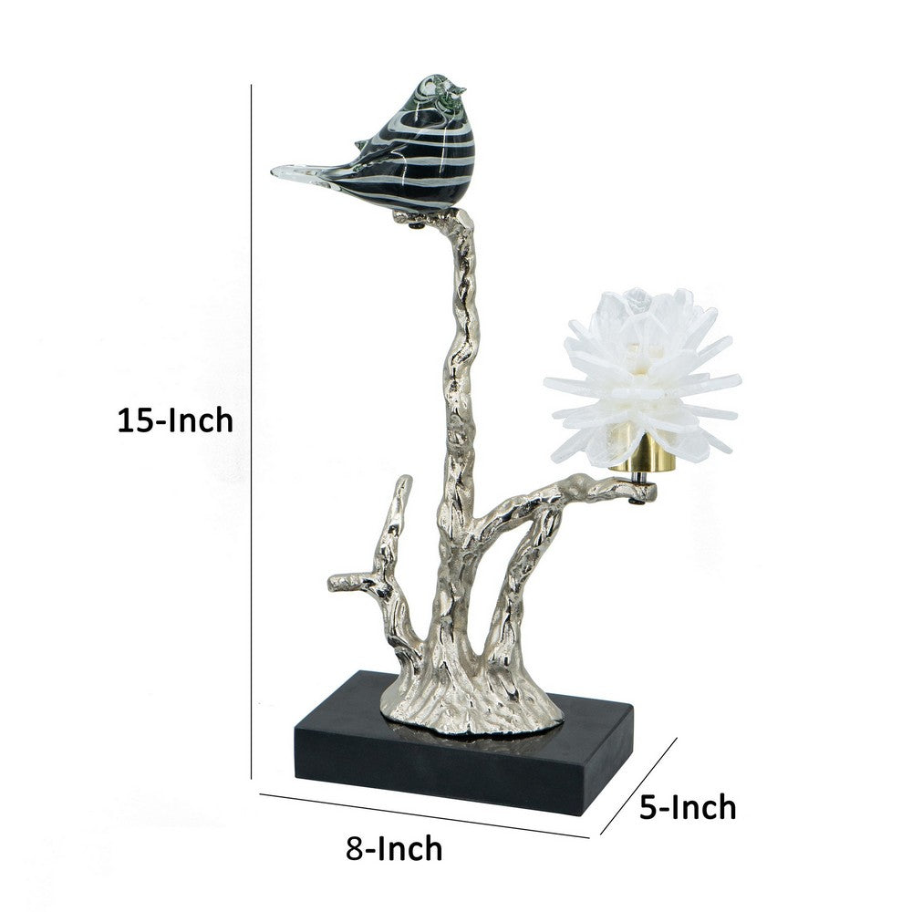 BENZARA Sue 15 Inch Accent Decor Figurine, Bird on a Branch, Flower, Black, Silver - BM285005